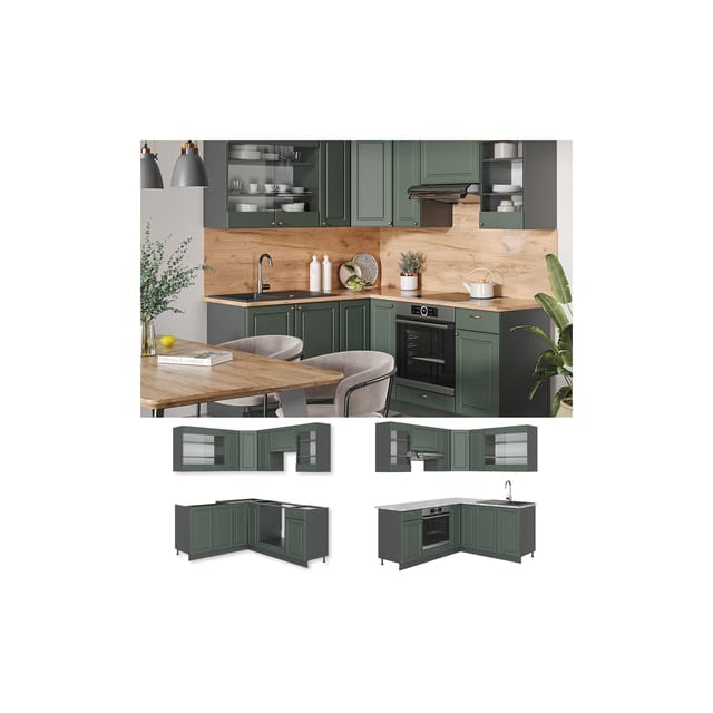 Vicco Fame-Line Eckküche Grün-Gold Landhaus/Anthrazit 160 x 60 cm ohne Arbeitsplatte ohne E-Geräte