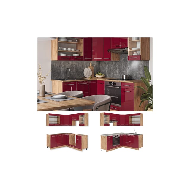 Vicco Fame-Line Eckküche Bordeaux Hochglanz/Goldkraft Eiche 160 x 60 cm ohne Arbeitsplatte ohne E-Geräte