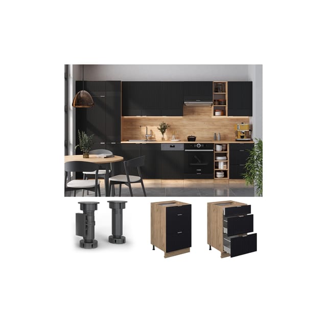 Vicco Küchenunterschrank Fame-Line Schwarz Gestreift 50 cm AP Marmor