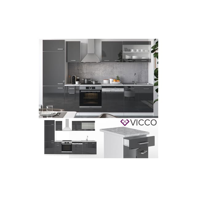 Vicco R-Line Küchenzeile Anthrazit Hochglanz/Weiß 300 cm AP Marmor ohne E-Geräte