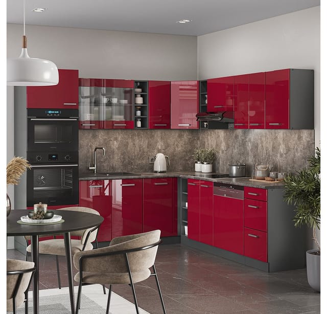 Vicco R-Line Eckküche Bordeaux Hochglanz/Anthrazit 237 x 60 cm ohne Arbeitsplatte ohne E-Geräte