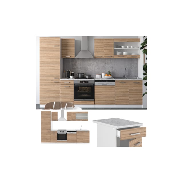 Vicco R-Line Küche Sonoma 300 cm AP Marmor ohne E-Geräte