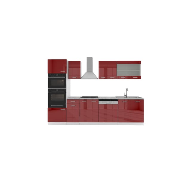 Vicco R-Line Küche Bordeaux Hochglanz/Weiß 300 cm mit HochschrankAP Marmor ohne E-Geräte