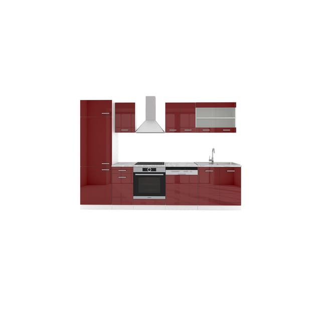 Vicco R-Line Küchenzeile Bordeaux Hochglanz/Weiß 300 cm AP Marmor ohne E-Geräte