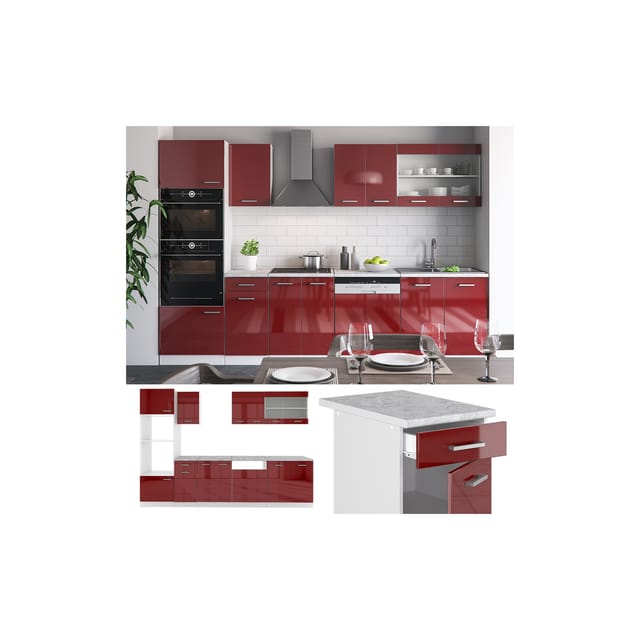 Vicco R-Line Küchenzeile Bordeaux Hochglanz/Weiß 300 cm mit Hochschrankohne Arbeitsplatte ohne E-Geräte
