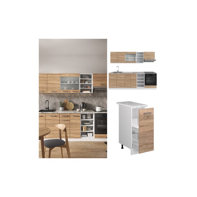 Vicco R-Line Küchenzeile Sonoma/Weiß 240 cm ohne Arbeitsplatte ohne E-Geräte