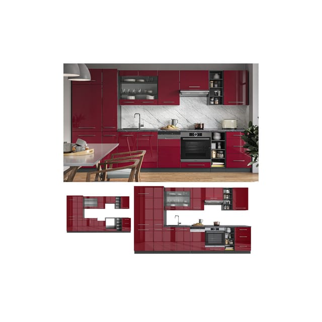 Vicco Fame-Line Küchenzeile Bordeaux Hochglanz/Anthrazit 355 cm ohne Arbeitsplatte ohne E-Geräte