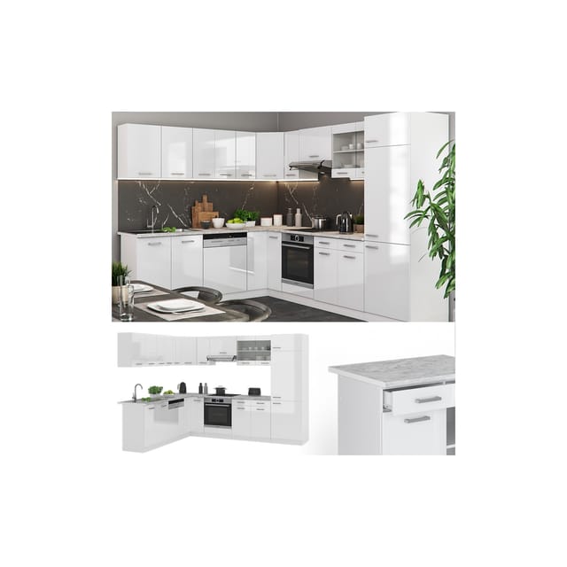 Vicco R-Line Eckküche Weiß Hochglanz/Weiß 227 x 287 cm AP Marmor ohne E-Geräte