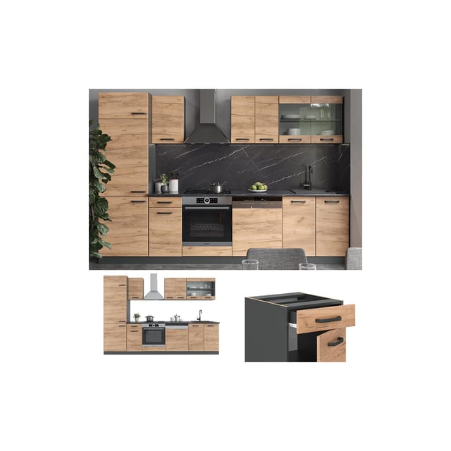 Vicco R-Line Küchenzeile Goldkraft Eiche/Anthrazit 300 cm ohne Arbeitsplatte ohne E-Geräte