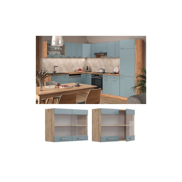Vicco Küchenglasschrank R-Line Glashängeschrank Blau-Grau/Goldkraft Eiche 80 cm