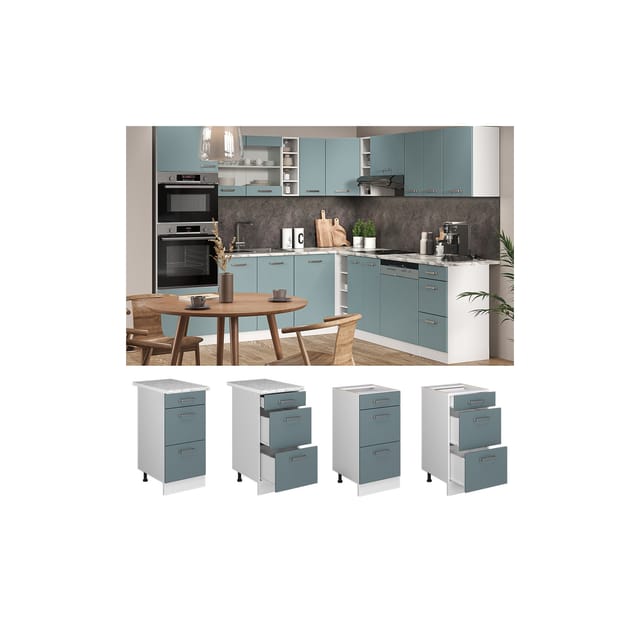 Vicco Küchenunterschrank R-Line Blau-Grau/Weiß 40 cm mit Schubladen AP Marmor