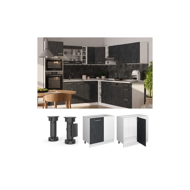 Vicco Eckunterschrank R-Line Küchen Eckschrank Schwarz Beton/Weiß 86 cm AP Eiche