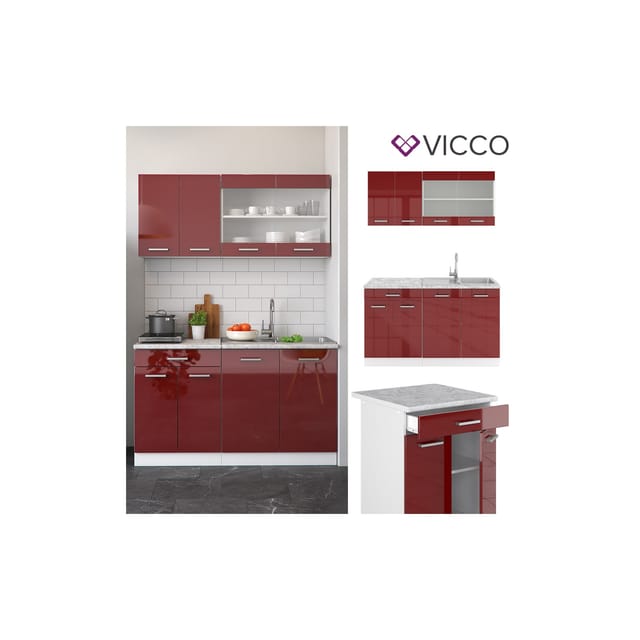 Vicco R-Line Singleküche Bordeaux Hochglanz/Weiß 140 cm AP Marmor ohne E-Geräte