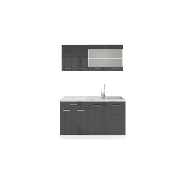 Vicco R-Line Singleküche Anthrazit Hochglanz/Weiß 140 cm AP Marmor ohne E-Geräte