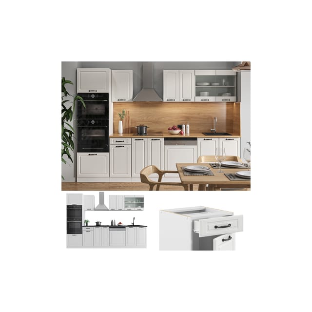 Vicco R-Line Küchenzeile Weiß Landhaus/Weiß 300 cm mit Hochschrankohne Arbeitsplatte ohne E-Geräte