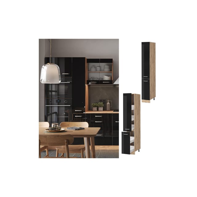 Vicco Apothekerschrank R-Line Schwarz Hochglanz/Goldkraft Eiche 30 cm