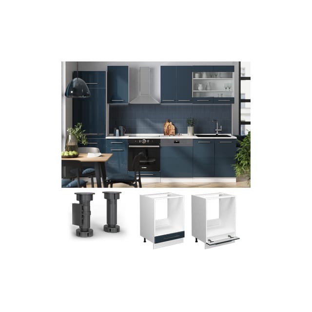 Vicco Herdumbauschrank Fame-Line Dunkelblau Hochglanz/Weiß 60 cm AP Eiche