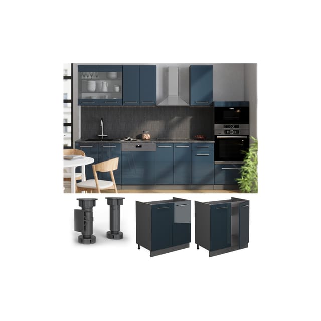 Vicco Spülenunterschrank Fame-Line Dunkelblau Hochglanz/Anthrazit 80 cm AP Anthrazit