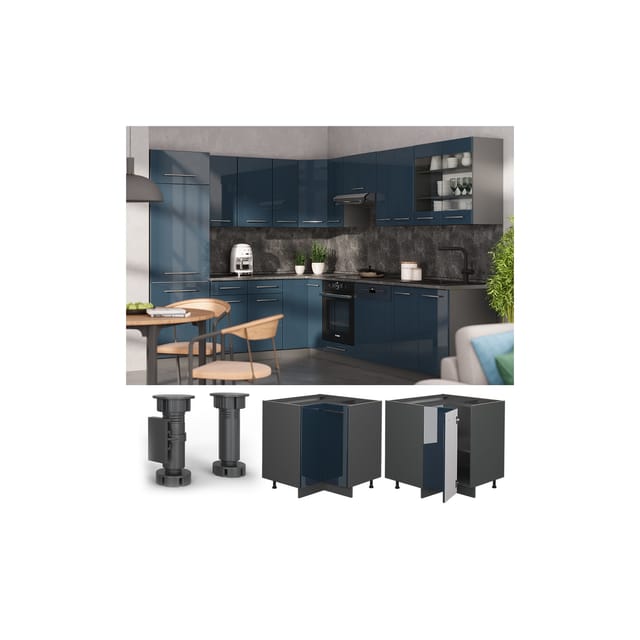Vicco Eckunterschrank Fame-Line Dunkelblau Hochglanz 81 cm AP Eiche