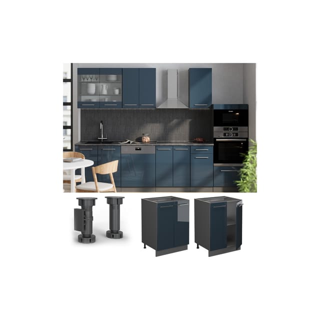 Vicco Küchenunterschrank Fame-Line Dunkelblau Hochglanz/Anthrazit 60 cm AP Eiche