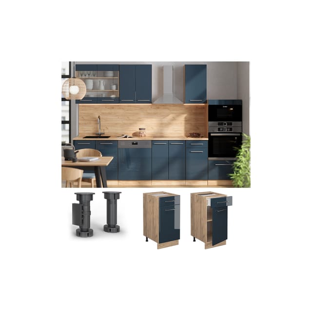 Vicco Küchenunterschrank Fame-Line Dunkelblau Hochglanz/Goldkraft Eiche 40 cm AP Marmor