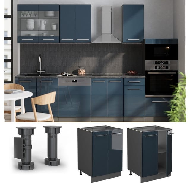 Vicco Küchenunterschrank Fame-Line Dunkelblau Hochglanz/Anthrazit 60 cm ohne Arbeitsplatte