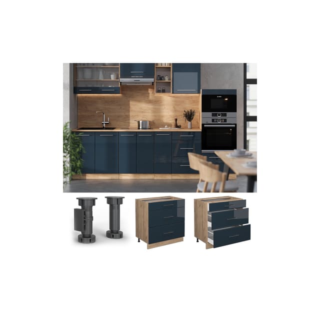 Vicco Küchenunterschrank Fame-Line Dunkelblau Hochglanz/Goldkraft Eiche 80 cm mit 3 Schubladen AP Marmor