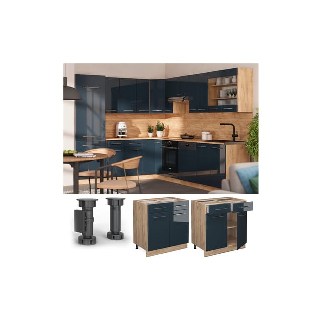Vicco Küchenunterschrank Fame-Line Dunkelblau Hochglanz/Goldkraft Eiche 80 cm AP Eiche