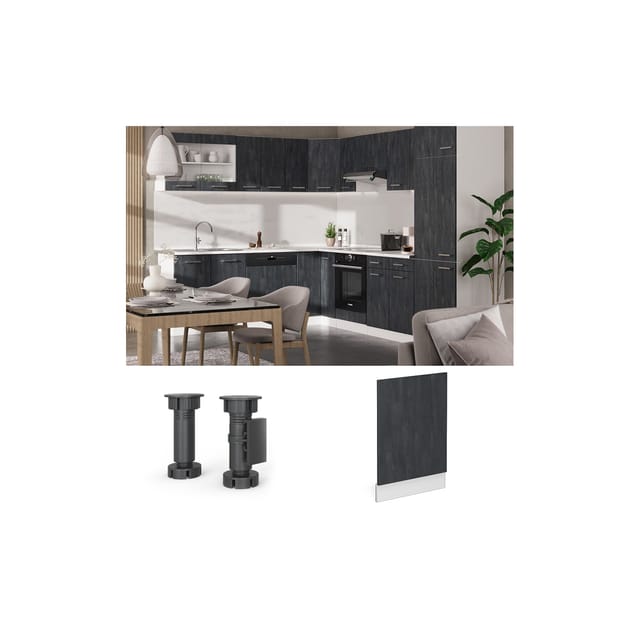 Vicco Frontblende R-Line Geschirrspüler Fronttür Schwarz Beton/Weiß 45 cm AP Anthrazit