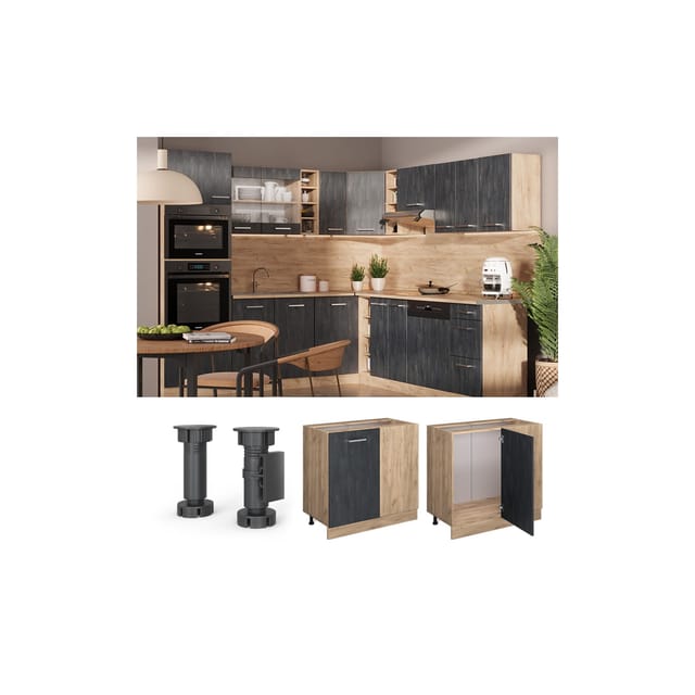 Vicco Eckunterschrank R-Line Schwarz Beton/Goldkraft Eiche 86 cm AP Eiche