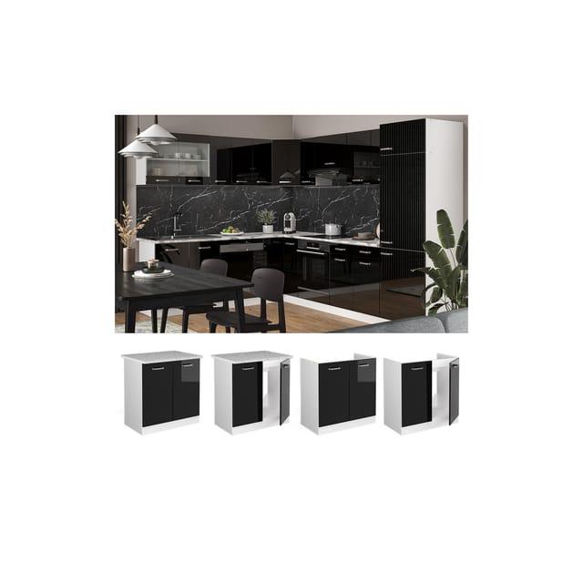 Vicco Spülenunterschrank R-Line Schwarz Hochglanz/Weiß 80 cm AP Marmor