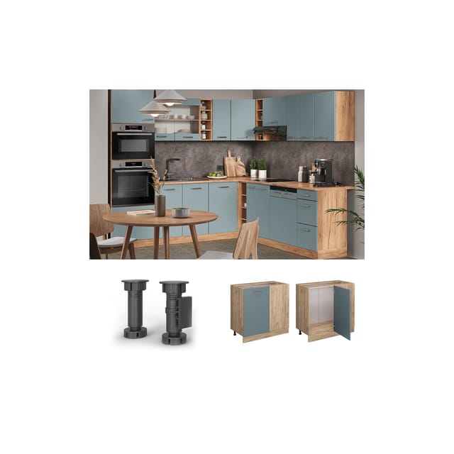 Vicco Eckunterschrank R-Line Blau-Grau/Goldkraft Eiche 86 cm ohne Arbeitsplatte