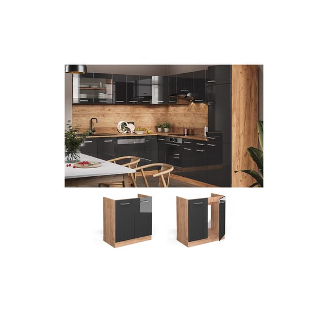 Vicco Spülenunterschrank R-Line Anthrazit Hochglanz/Goldkraft Eiche 80 cm ohne Arbeitsplatte