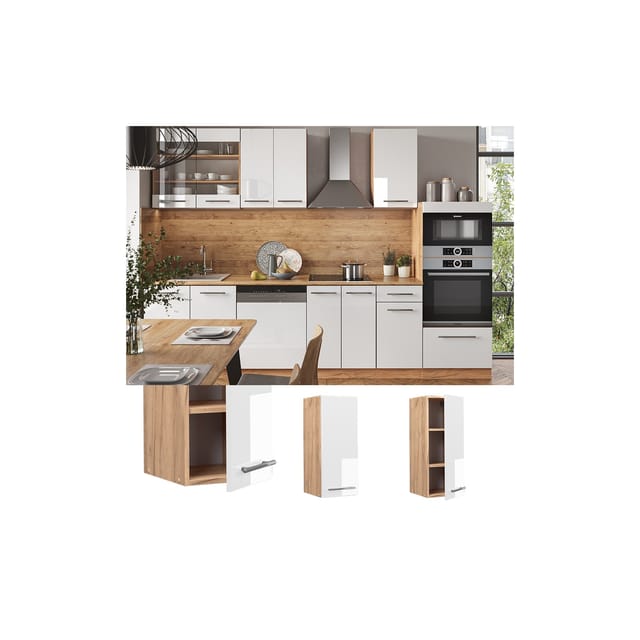 Vicco Hängeschrank Fame-Line Hängender Küchenschrank Weiß Hochglanz/Goldkraft Eiche 30 cm