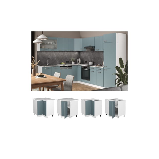 Vicco Eckunterschrank R-Line Küchen Eckschrank Blau-Grau/Weiß 76 cm AP Marmor