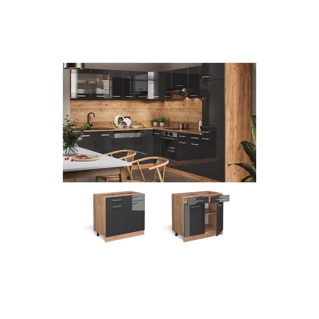 Vicco Küchenunterschrank R-Line Anthrazit Hochglanz/Goldkraft Eiche 80 cm ohne Arbeitsplatte