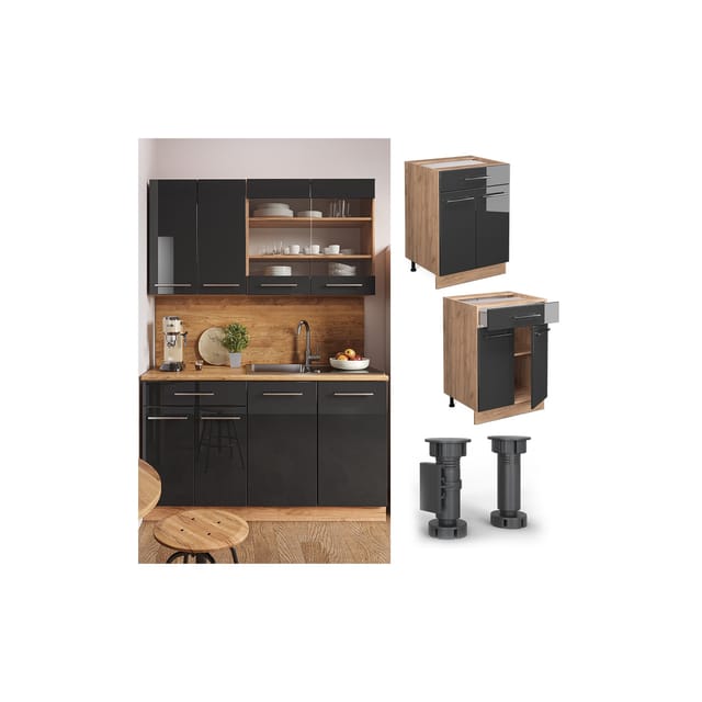 Vicco Küchenunterschrank Fame-Line Anthrazit Hochglanz/Goldkraft Eiche 60 cm mit Schublade ohne Arbeitsplatte