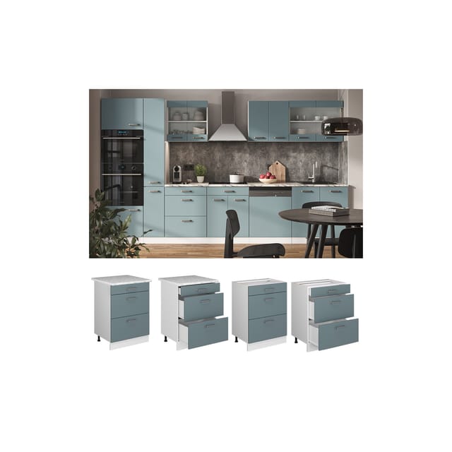 Vicco Küchenunterschrank R-Line Blau-Grau/Weiß 60 cm mit Schubladen AP Marmor
