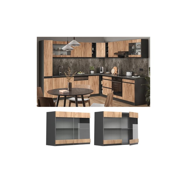 Vicco Küchenglasschrank R-Line Goldkraft Eiche/Anthrazit 80 cm J-Shape