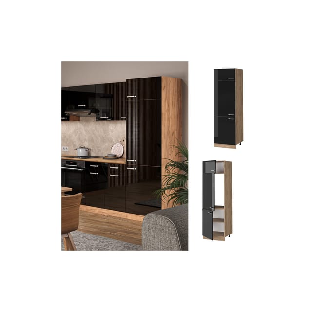 Vicco Kühlumbauschrank R-Line Schwarz Hochglanz/Goldkraft Eiche 60 cm