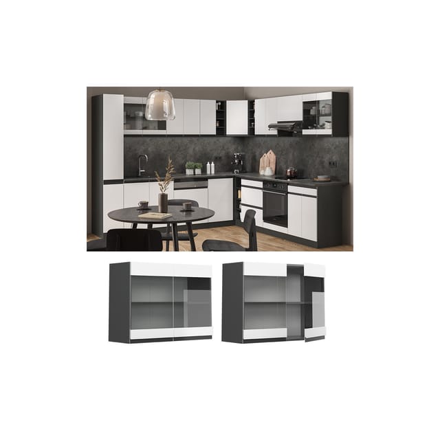 Vicco Küchenglasschrank R-Line Glashängeschrank Weiß/Anthrazit 80 cm J-Shape