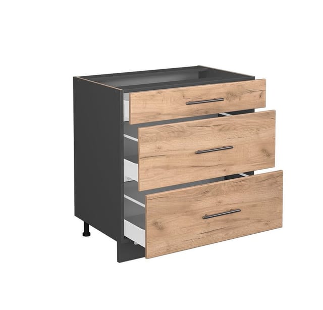 Vicco Küchenunterschrank Fame-Line Goldkraft Eiche/Anthrazit 80 cm mit 3 Schubladen ohne Arbeitsplatte