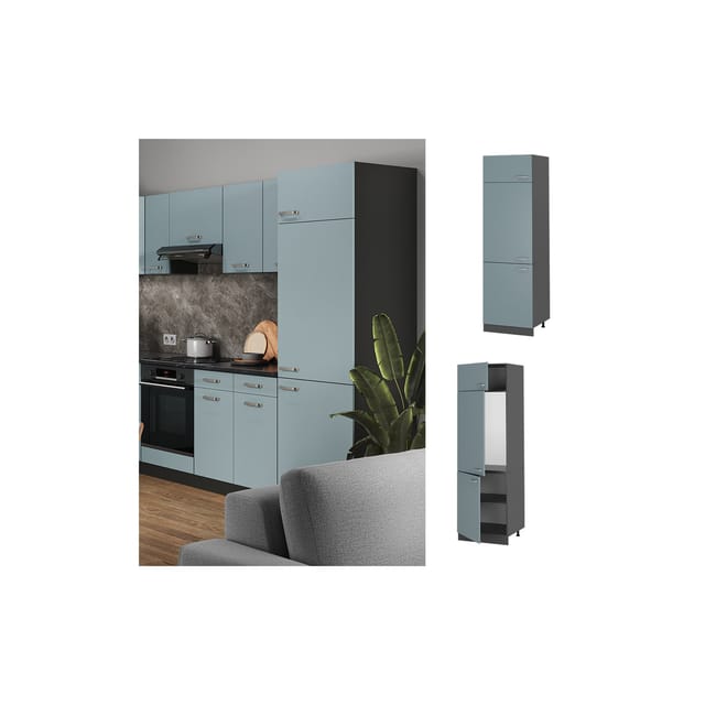 Vicco Kühlumbauschrank R-Line Hochschrank für die Küche Blau-Grau/Anthrazit 60 cm