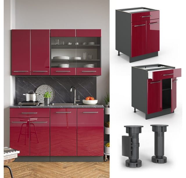 Vicco Küchenunterschrank Fame-Line Bordeaux Hochglanz/Anthrazit 60 cm mit Schublade ohne Arbeitsplatte