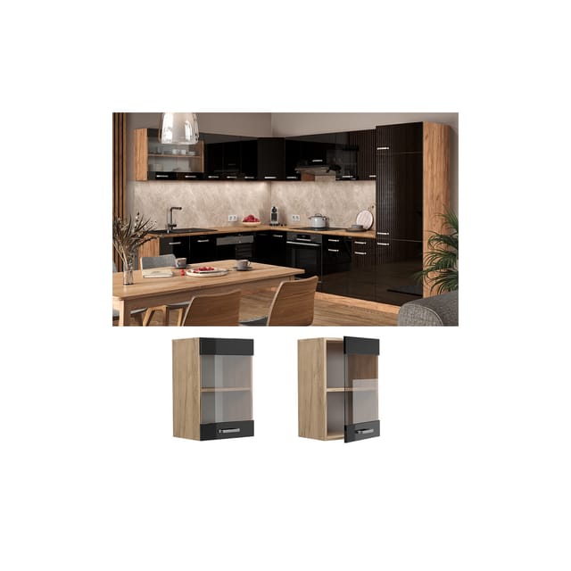 Vicco Küchenglasschrank R-Line Glashängeschrank Blau-Grau/Goldkraft Eiche 40 cm