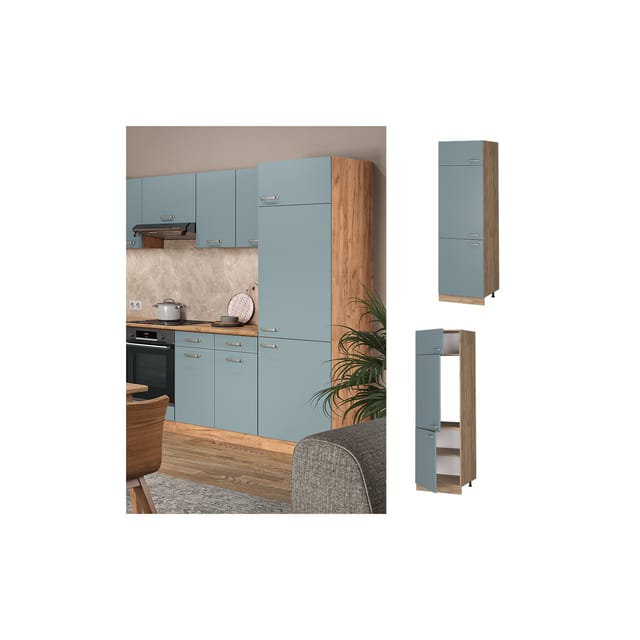 Vicco Kühlumbauschrank R-Line Hochschrank für die Küche Blau-Grau/Goldkraft Eiche 60 cm