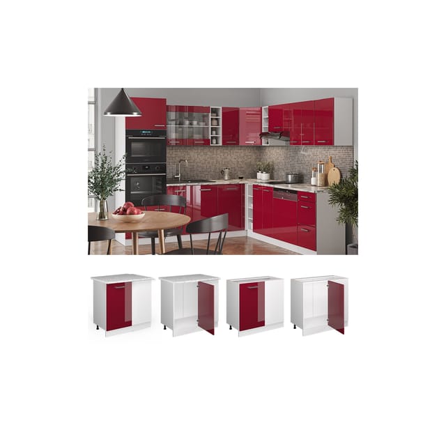 Vicco Eckunterschrank R-Line Bordeaux Hochglanz/Weiß 86 cm AP Marmor