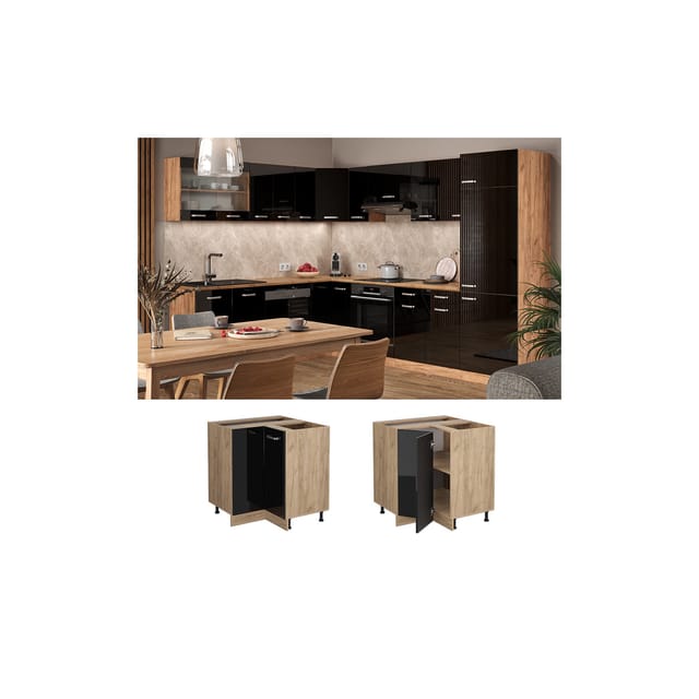 Vicco Eckunterschrank R-Line Blau-Grau/Goldkraft Eiche 76 cm ohne Arbeitsplatte