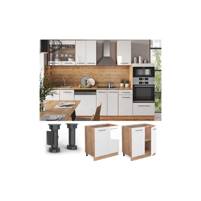 Vicco Spülenunterschrank Fame-Line Weiß Hochglanz/Goldkraft Eiche 80 cm mit Regal ohne Arbeitsplatte