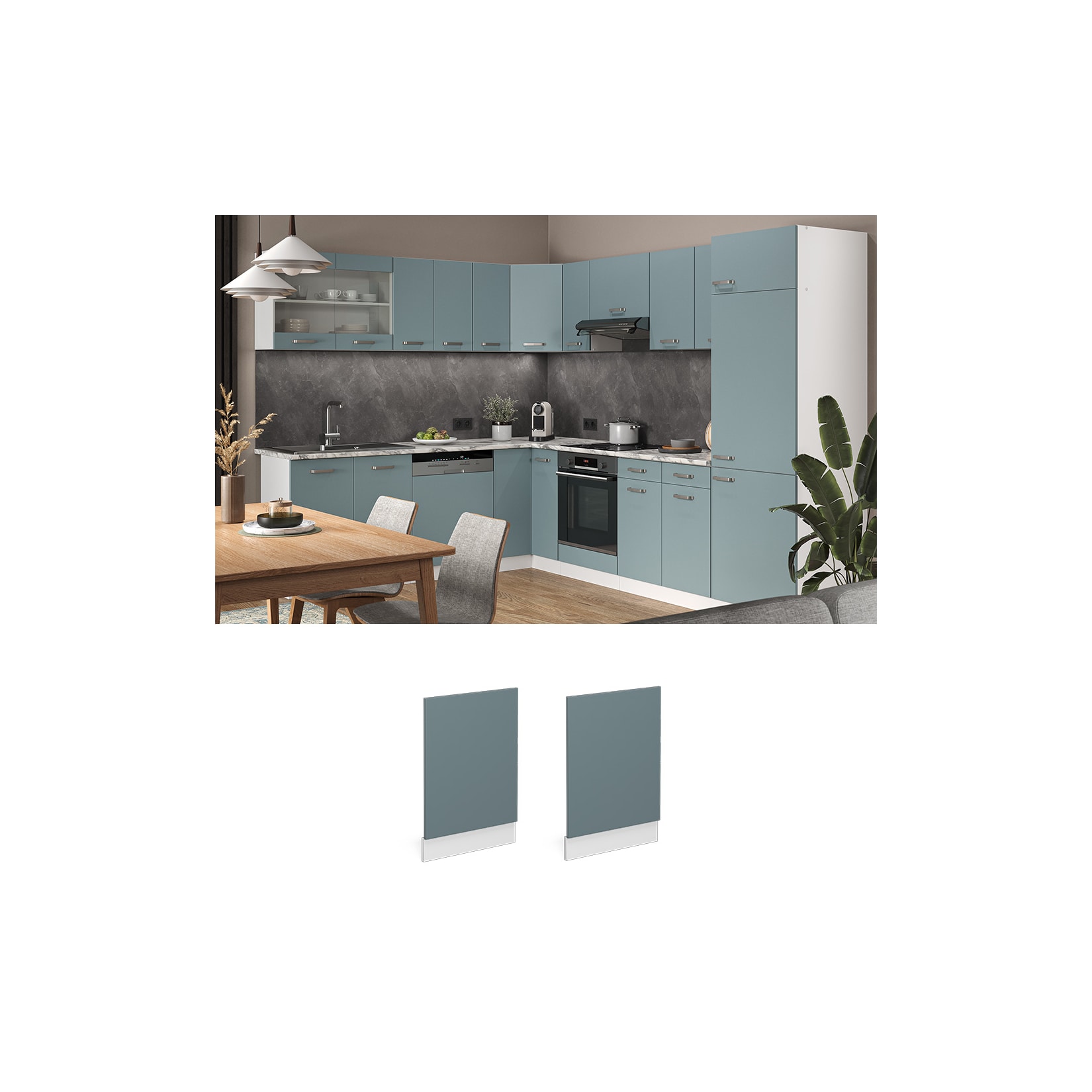 Vicco Frontblende R-Line Geschirrspüler Fronttür Blau-Grau/Weiß 45 cm ohne Arbeitsplatte